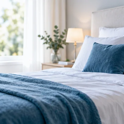 Chambre lumineuse aux textiles bleus.