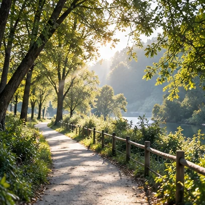 Chemin arbore eclaire par la lumiere du matin.