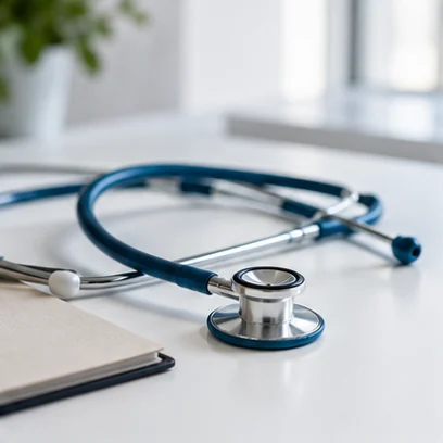 Stethoscope pose sur un bureau, photographie d’illustration.