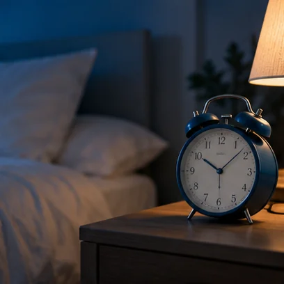 Reveil sur une table de nuit, dans une chambre tamisee.